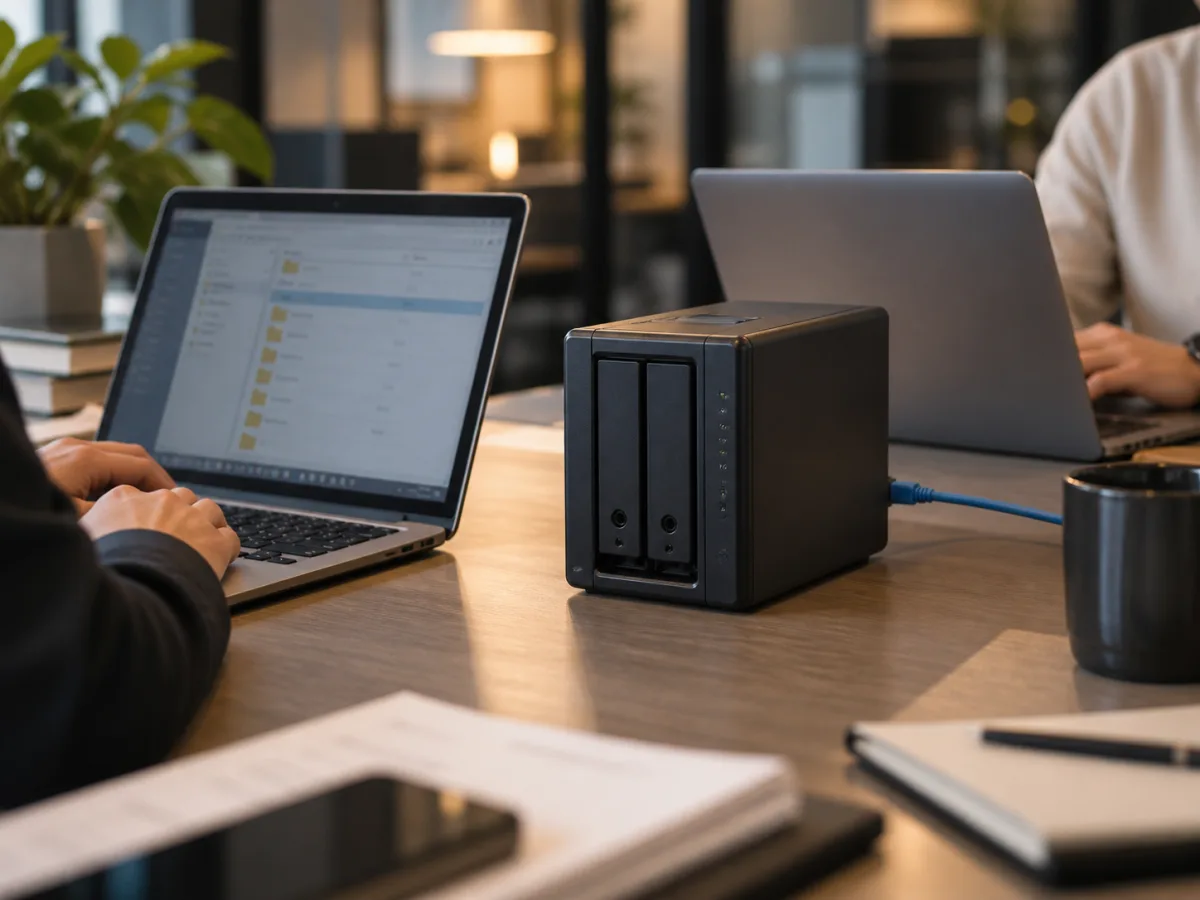 Sharing team files using network storage and a laptop in an office