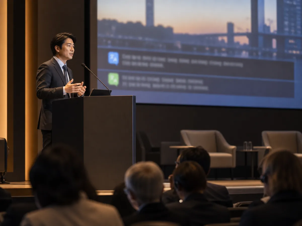 Real-time translated captions on a large screen beside a conference speaker
